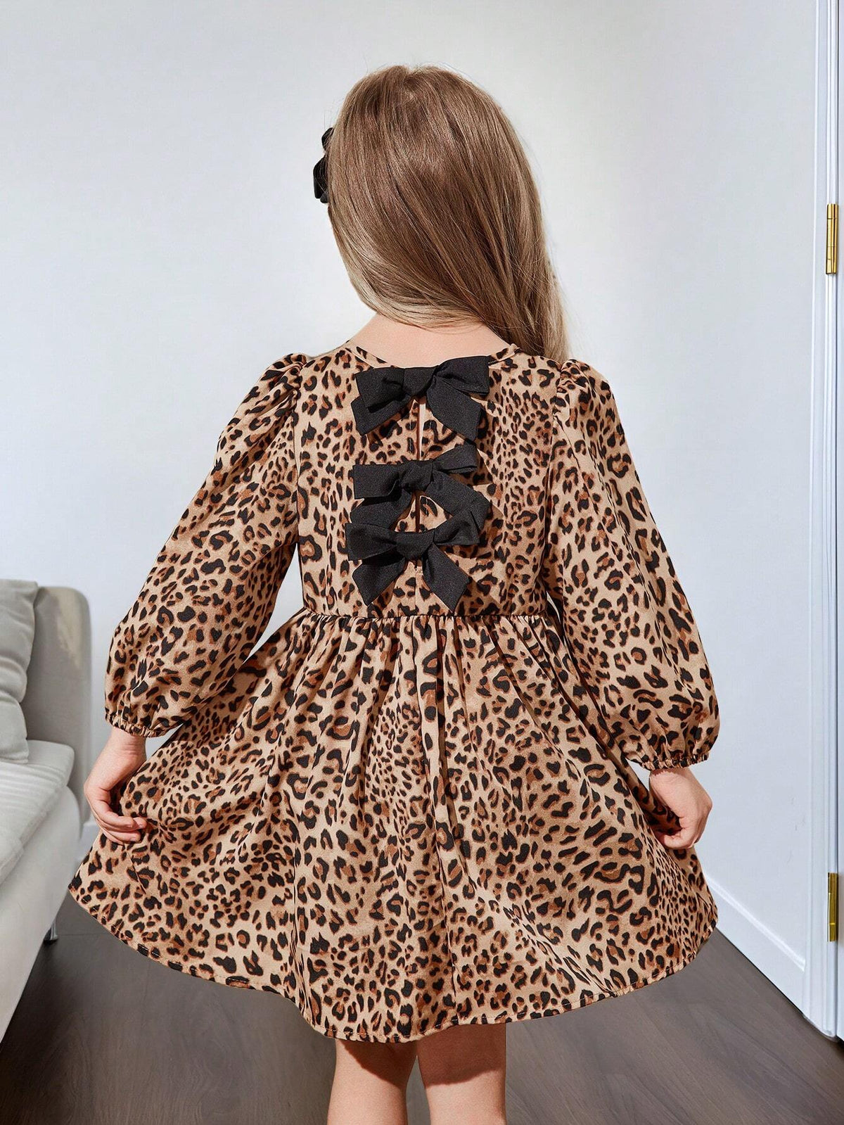 Young Girl & Toddler Girls Leopard Print Bow Back Casual Dress, Suitable For Everyday Wear, Autumn/Winter