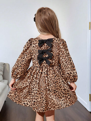 Young Girl & Toddler Girls Leopard Print Bow Back Casual Dress, Suitable For Everyday Wear, Autumn/Winter