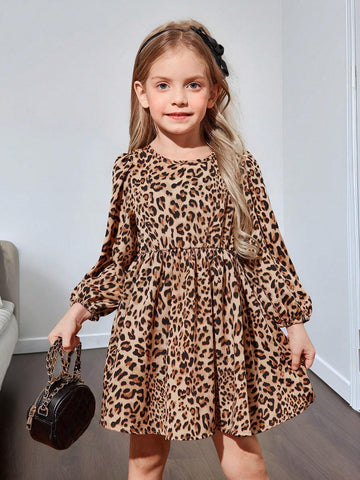 Young Girl & Toddler Girls Leopard Print Bow Back Casual Dress, Suitable For Everyday Wear, Autumn/Winter
