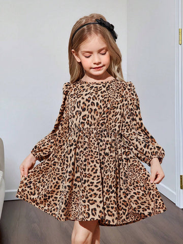 Young Girl & Toddler Girls Leopard Print Bow Back Casual Dress, Suitable For Everyday Wear, Autumn/Winter