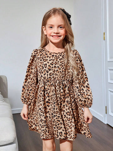 Young Girl & Toddler Girls Leopard Print Bow Back Casual Dress, Suitable For Everyday Wear, Autumn/Winter