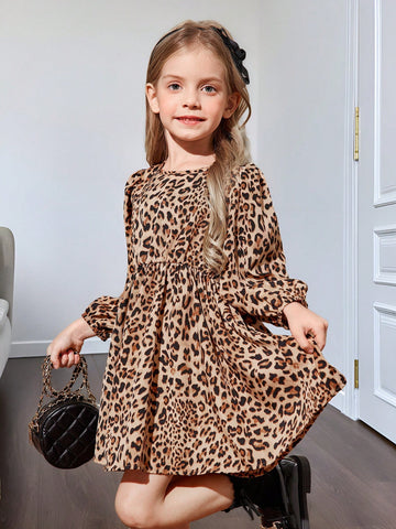 Young Girl & Toddler Girls Leopard Print Bow Back Casual Dress, Suitable For Everyday Wear, Autumn/Winter
