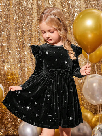 Young Girl Black Elegant Velvet Cap Sleeve Christmas Dress, Suitable For Christmas Party