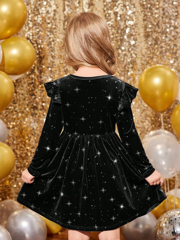 Young Girl Black Elegant Velvet Cap Sleeve Christmas Dress, Suitable For Christmas Party