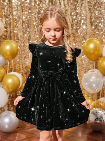 Young Girl Black Elegant Velvet Cap Sleeve Christmas Dress, Suitable For Christmas Party