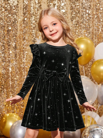 Young Girl Black Elegant Velvet Cap Sleeve Christmas Dress, Suitable For Christmas Party