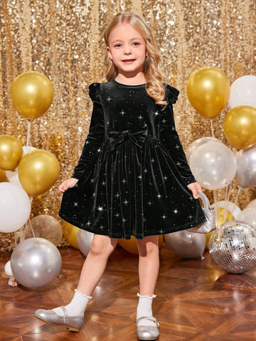 Young Girl Black Elegant Velvet Cap Sleeve Christmas Dress, Suitable For Christmas Party