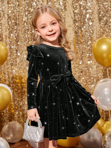 Young Girl Black Elegant Velvet Cap Sleeve Christmas Dress, Suitable For Christmas Party