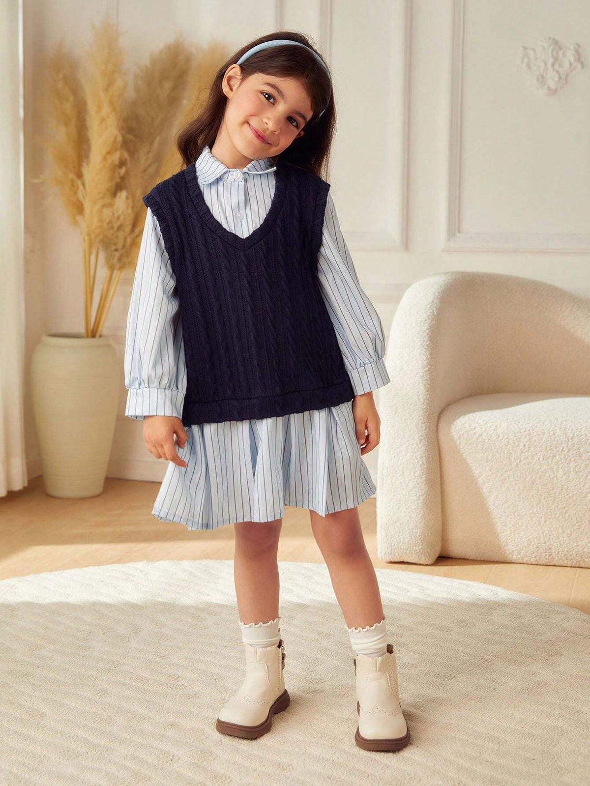 Young Girl & Young Girl Casual Patchwork Color Block Pleated Mid-Length Shirt Dress, Suitable For Schoolwear, Outings