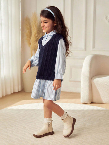 Young Girl & Young Girl Casual Patchwork Color Block Pleated Mid-Length Shirt Dress, Suitable For Schoolwear, Outings