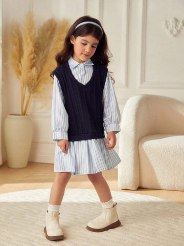 Young Girl & Young Girl Casual Patchwork Color Block Pleated Mid-Length Shirt Dress, Suitable For Schoolwear, Outings
