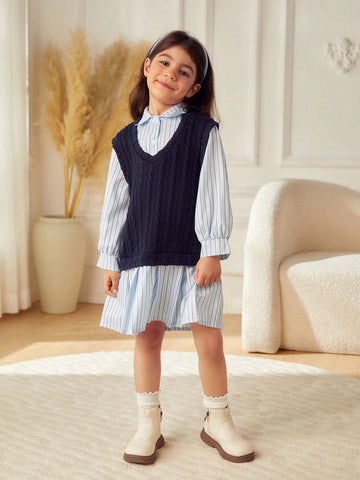 Young Girl & Young Girl Casual Patchwork Color Block Pleated Mid-Length Shirt Dress, Suitable For Schoolwear, Outings