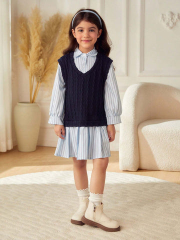 Young Girl & Young Girl Casual Patchwork Color Block Pleated Mid-Length Shirt Dress, Suitable For Schoolwear, Outings