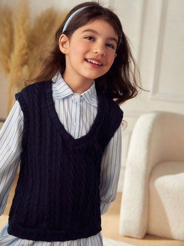 Young Girl & Young Girl Casual Patchwork Color Block Pleated Mid-Length Shirt Dress, Suitable For Schoolwear, Outings