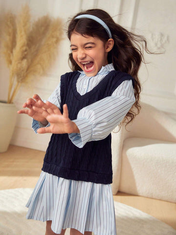 Young Girl & Young Girl Casual Patchwork Color Block Pleated Mid-Length Shirt Dress, Suitable For Schoolwear, Outings