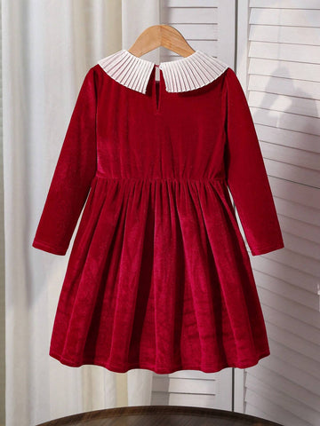 Young Girl & Young Girl Casual Red Lace Ruffle Collar Velvet Long Sleeve Dress
