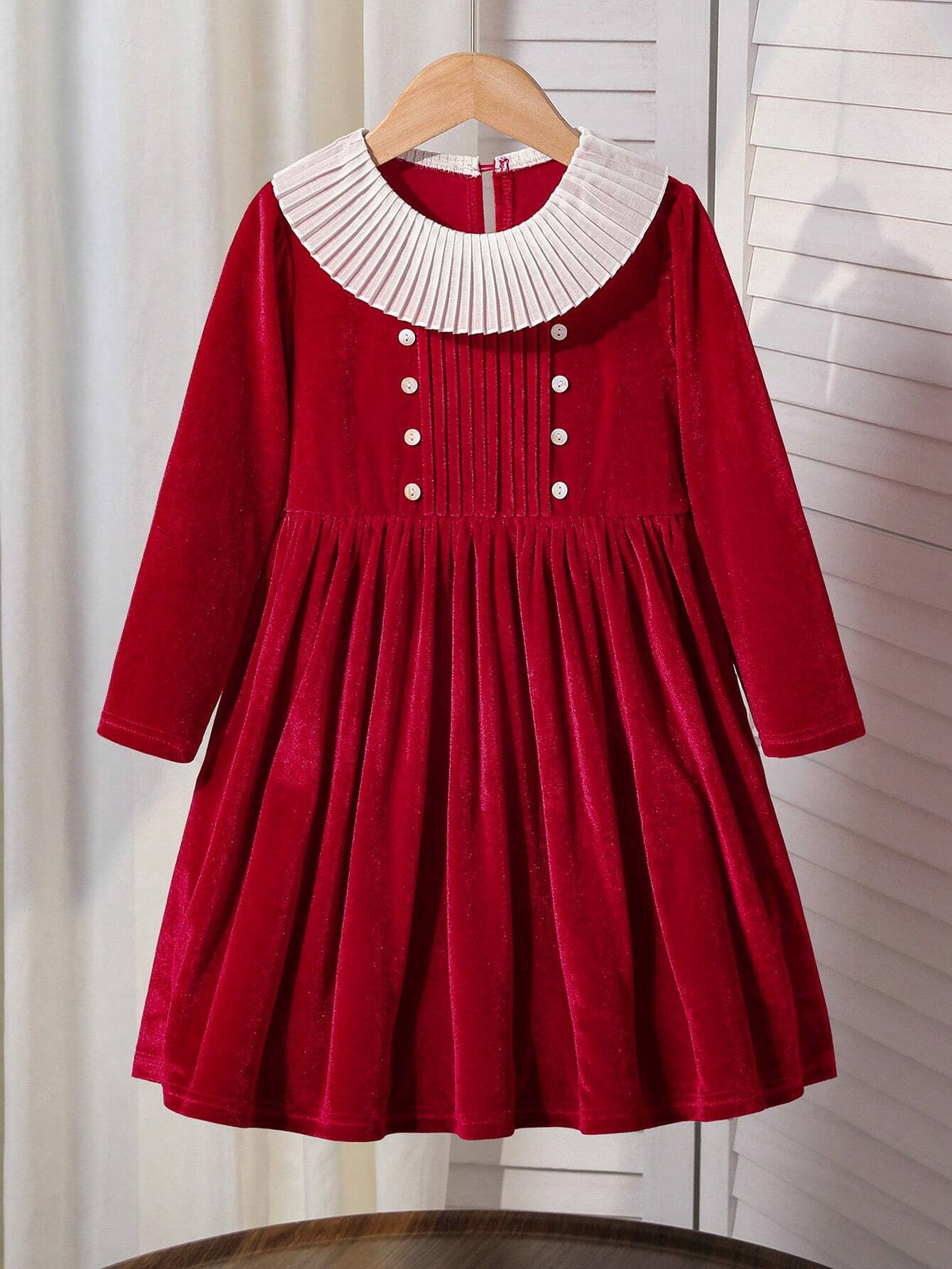Young Girl & Young Girl Casual Red Lace Ruffle Collar Velvet Long Sleeve Dress