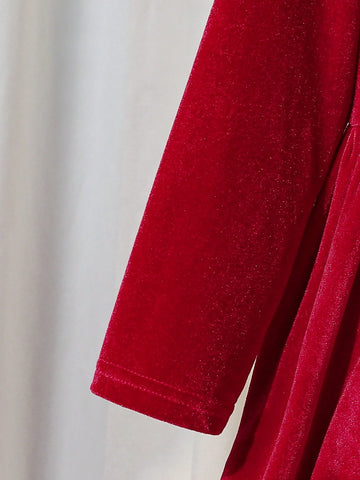 Young Girl & Young Girl Casual Red Lace Ruffle Collar Velvet Long Sleeve Dress