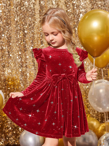 Young Girl & Young Girl Christmas Red Velvet Elegant Cap Sleeve Dress, Suitable For Christmas Party Wear
