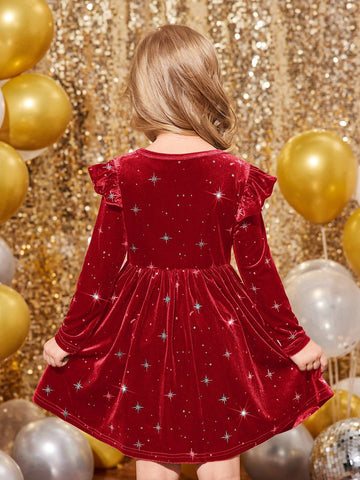 Young Girl & Young Girl Christmas Red Velvet Elegant Cap Sleeve Dress, Suitable For Christmas Party Wear