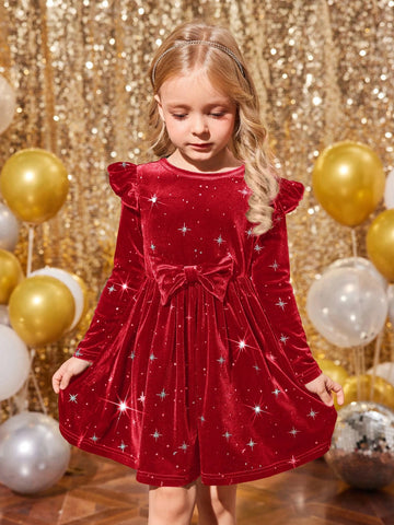 Young Girl & Young Girl Christmas Red Velvet Elegant Cap Sleeve Dress, Suitable For Christmas Party Wear