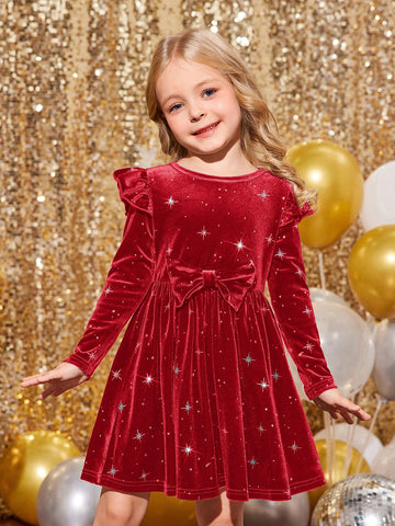 Young Girl & Young Girl Christmas Red Velvet Elegant Cap Sleeve Dress, Suitable For Christmas Party Wear
