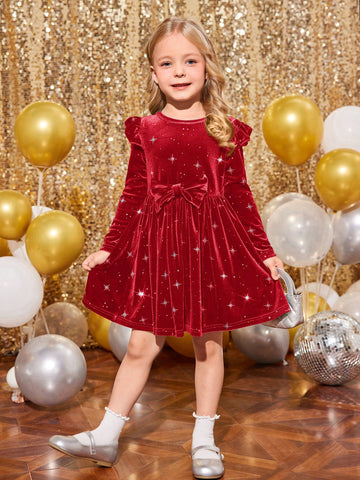 Young Girl & Young Girl Christmas Red Velvet Elegant Cap Sleeve Dress, Suitable For Christmas Party Wear