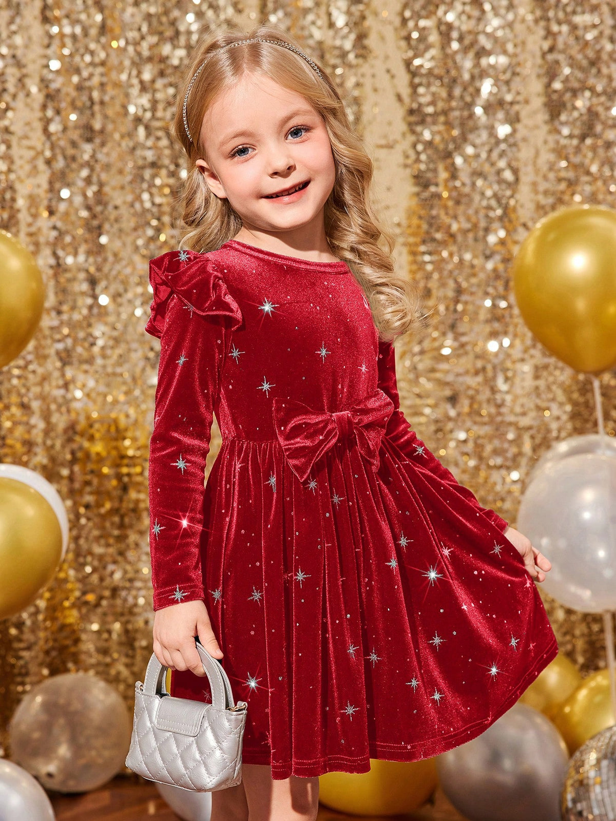 Young Girl & Young Girl Christmas Red Velvet Elegant Cap Sleeve Dress, Suitable For Christmas Party Wear