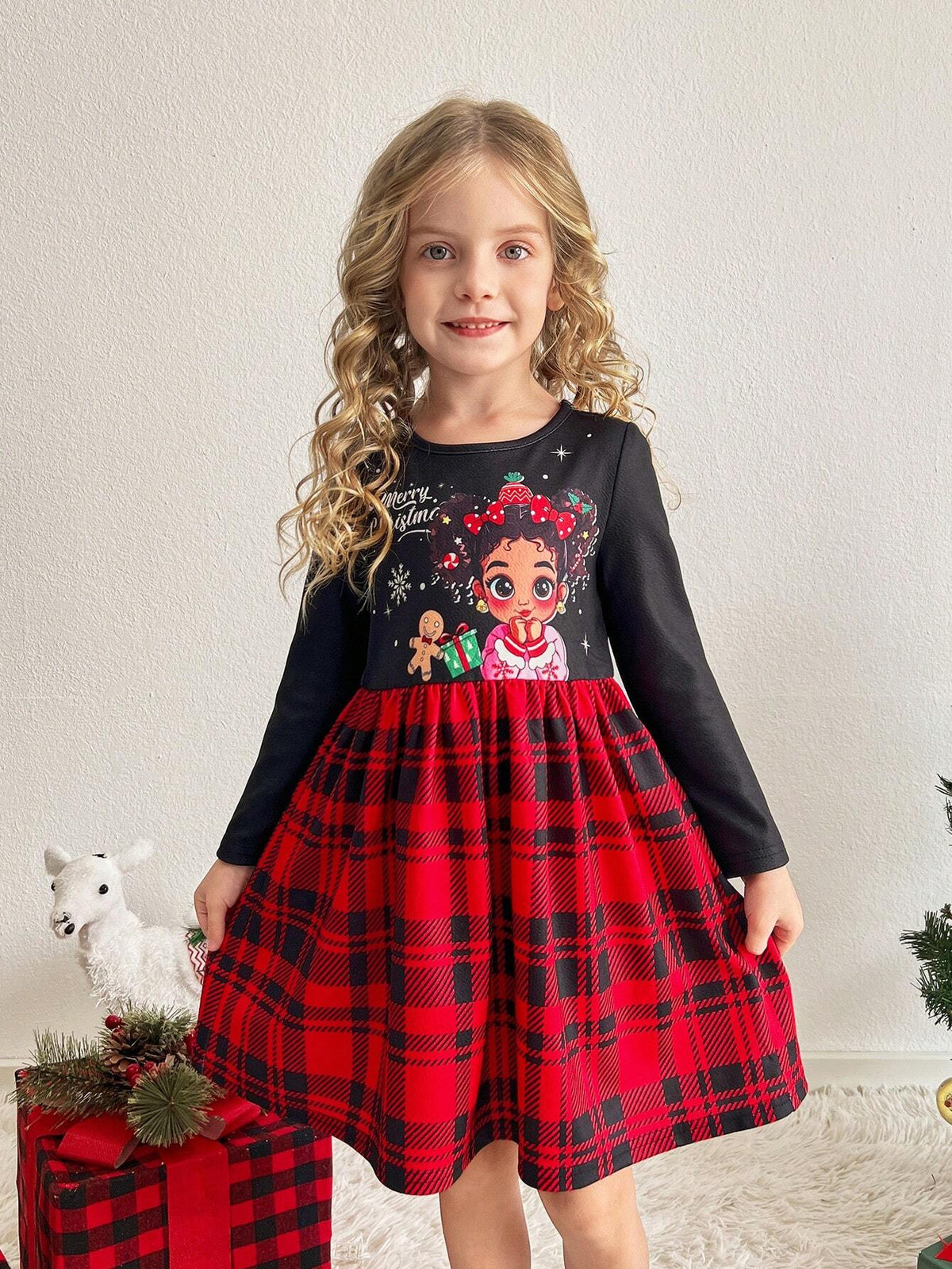 Young Girl Cute Girl Portrait Christmas Print Plaid Patchwork Dress, Suitable For Daily Casual & Christmas Wear
