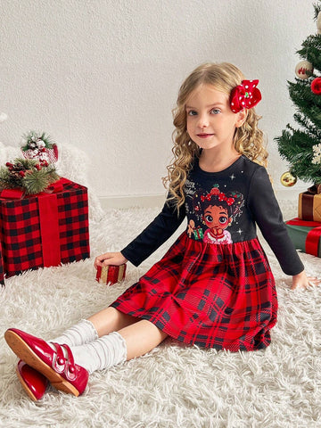 Young Girl Cute Girl Portrait Christmas Print Plaid Patchwork Dress, Suitable For Daily Casual & Christmas Wear