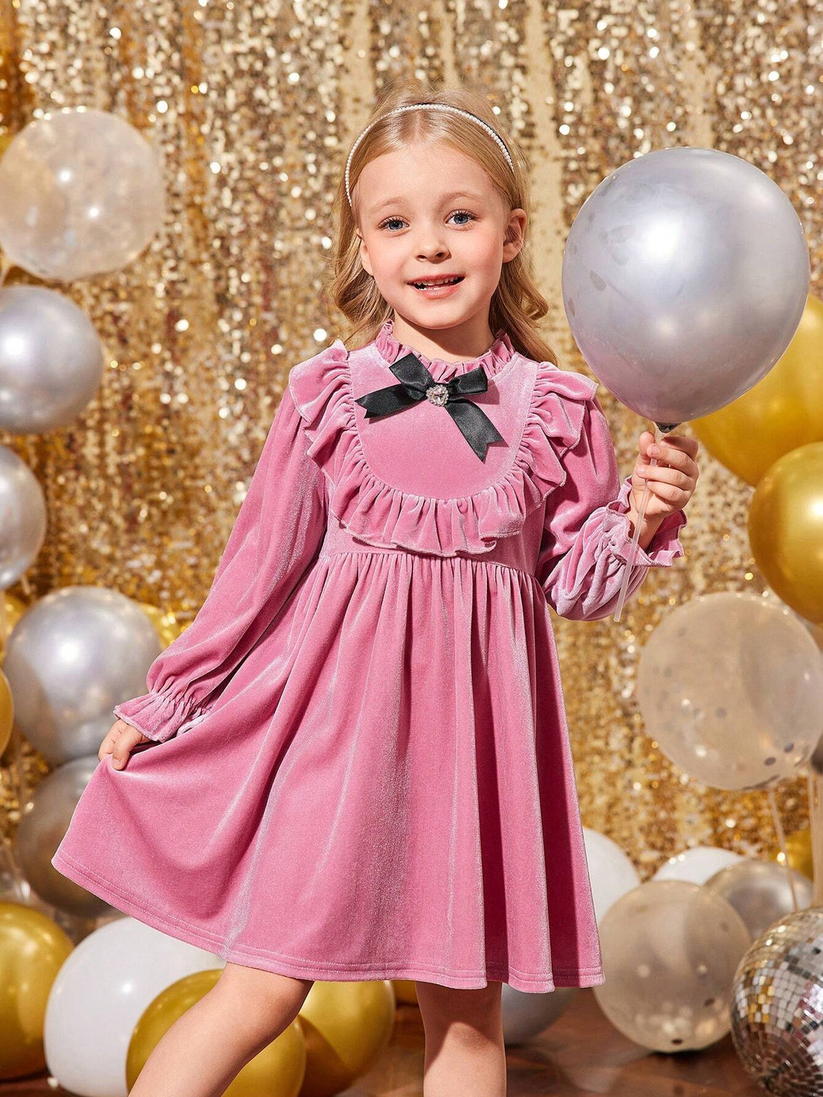 Young Girl & Young Girl Pink Elegant Velvet Rhinestone Bow Ruffle Trim Dress, Suitable For Christmas Party