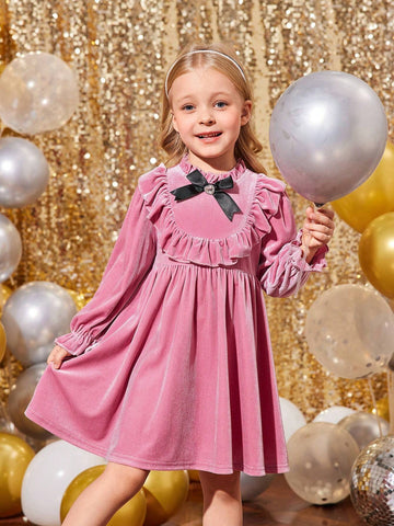Young Girl & Young Girl Pink Elegant Velvet Rhinestone Bow Ruffle Trim Dress, Suitable For Christmas Party