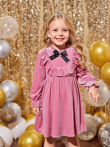 Young Girl & Young Girl Pink Elegant Velvet Rhinestone Bow Ruffle Trim Dress, Suitable For Christmas Party