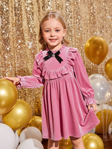 Young Girl & Young Girl Pink Elegant Velvet Rhinestone Bow Ruffle Trim Dress, Suitable For Christmas Party