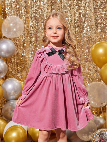 Young Girl & Young Girl Pink Elegant Velvet Rhinestone Bow Ruffle Trim Dress, Suitable For Christmas Party