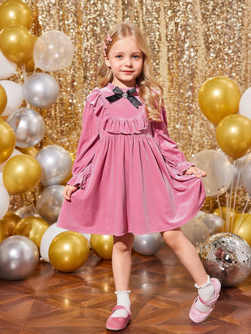 Young Girl & Young Girl Pink Elegant Velvet Rhinestone Bow Ruffle Trim Dress, Suitable For Christmas Party