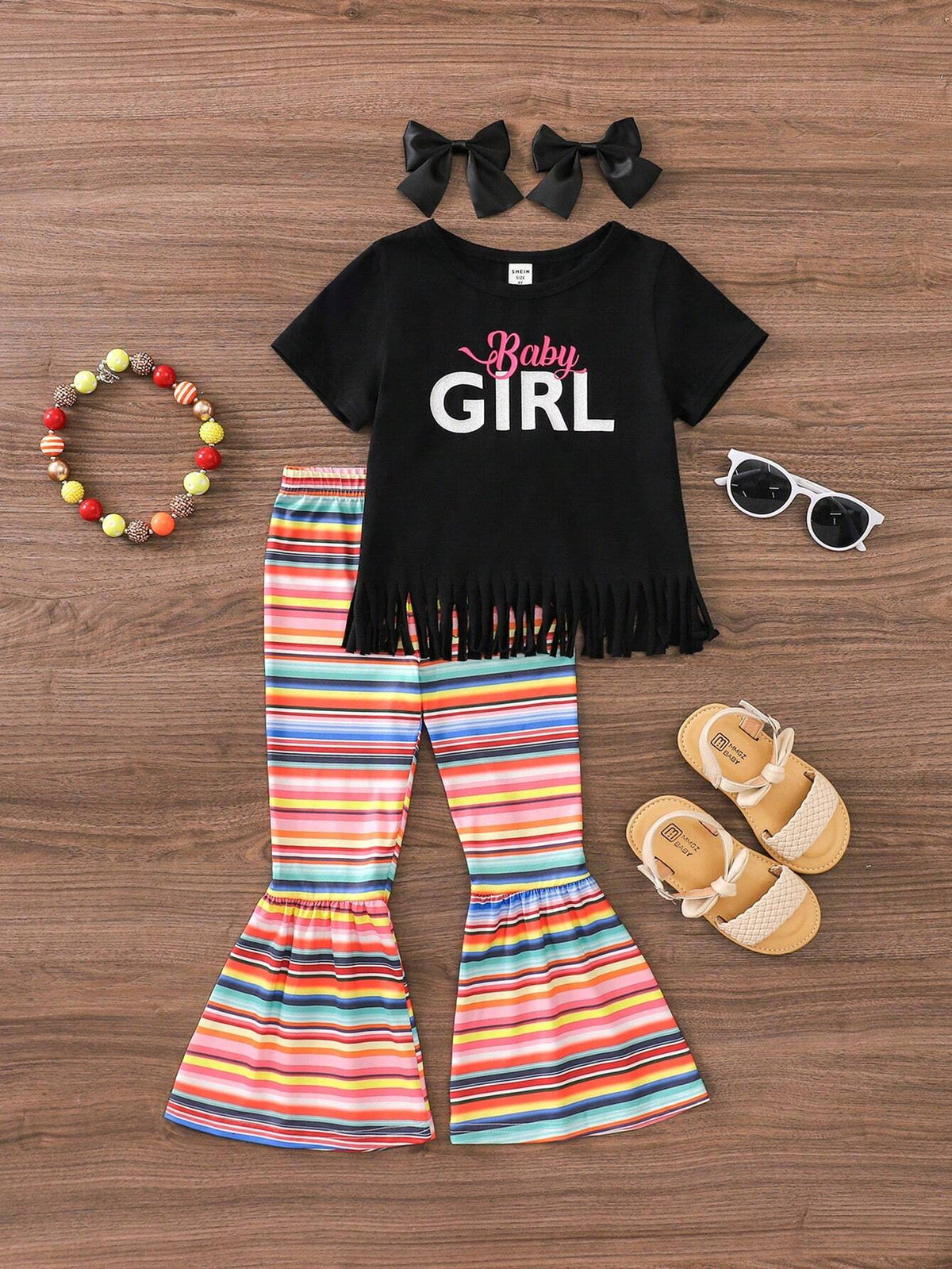 Young Girl's 2pcs/Set Summer Outfits With Letter Print Tassel Top And Striped Flared Pants