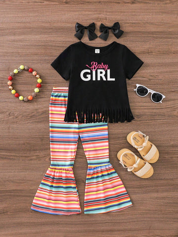 Young Girl's 2pcs/Set Summer Outfits With Letter Print Tassel Top And Striped Flared Pants