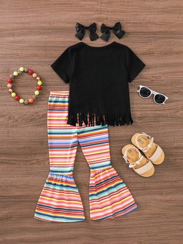 Young Girl's 2pcs/Set Summer Outfits With Letter Print Tassel Top And Striped Flared Pants