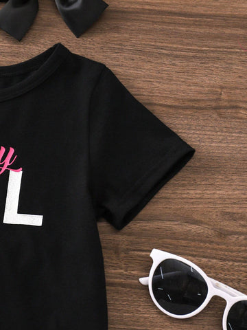 Young Girl's 2pcs/Set Summer Outfits With Letter Print Tassel Top And Striped Flared Pants