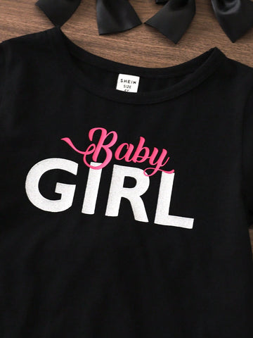 Young Girl's 2pcs/Set Summer Outfits With Letter Print Tassel Top And Striped Flared Pants