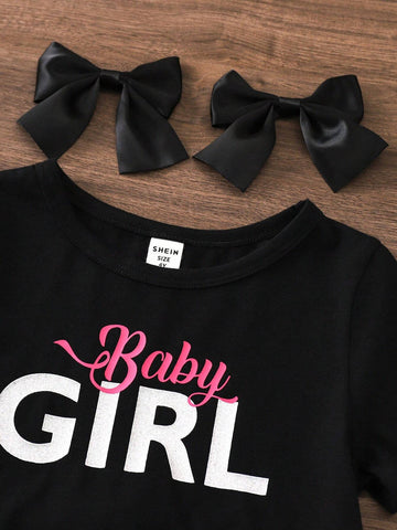 Young Girl's 2pcs/Set Summer Outfits With Letter Print Tassel Top And Striped Flared Pants