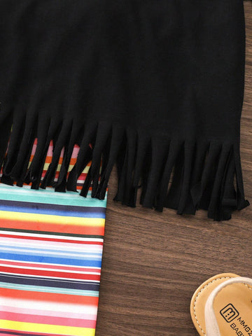 Young Girl's 2pcs/Set Summer Outfits With Letter Print Tassel Top And Striped Flared Pants