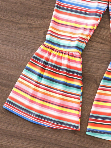 Young Girl's 2pcs/Set Summer Outfits With Letter Print Tassel Top And Striped Flared Pants