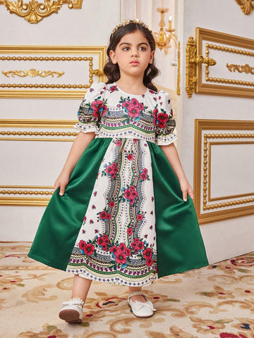 Young Girls' Adorable Bubble Sleeve Dress With Color Block & Floral Print Splicing Design