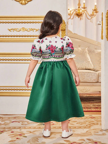 Young Girls' Adorable Bubble Sleeve Dress With Color Block & Floral Print Splicing Design