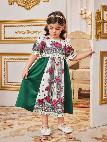 Young Girls' Adorable Bubble Sleeve Dress With Color Block & Floral Print Splicing Design