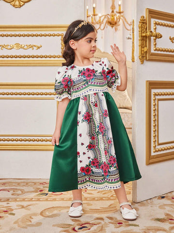 Young Girls' Adorable Bubble Sleeve Dress With Color Block & Floral Print Splicing Design