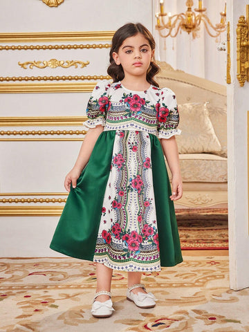Young Girls' Adorable Bubble Sleeve Dress With Color Block & Floral Print Splicing Design