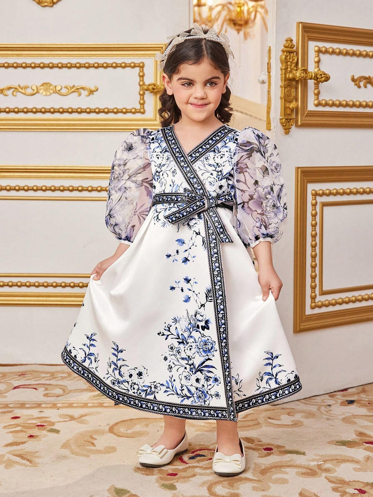 Young Girls' Adorable Floral Print Patchwork Mesh Perspective Sleeve Dress